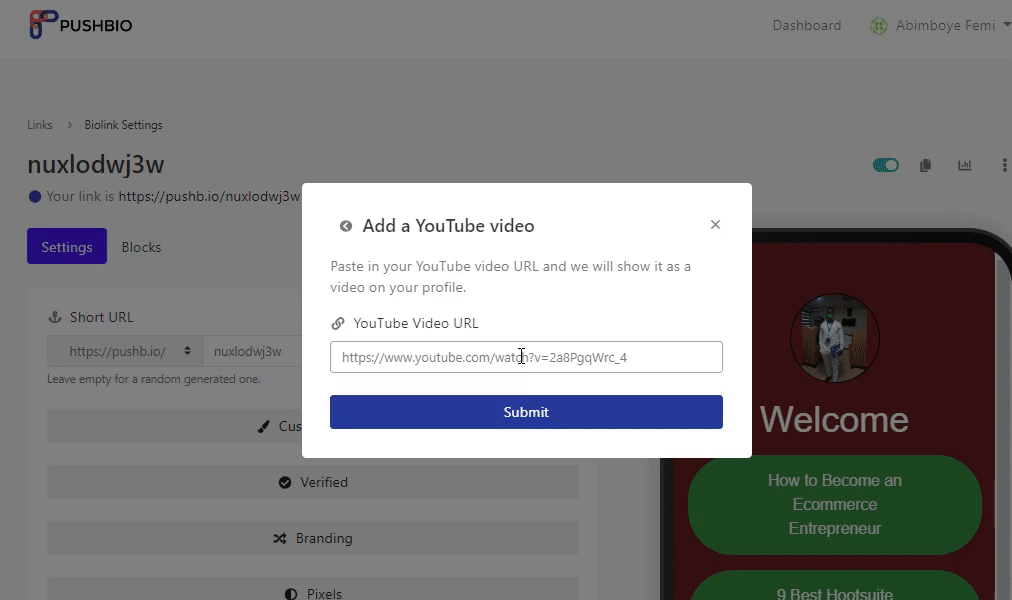 You can embed YouTube videos on pushbio before sharing your bio link URL to Instagram
