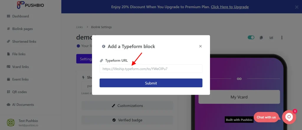 typeform integration on Pushbio