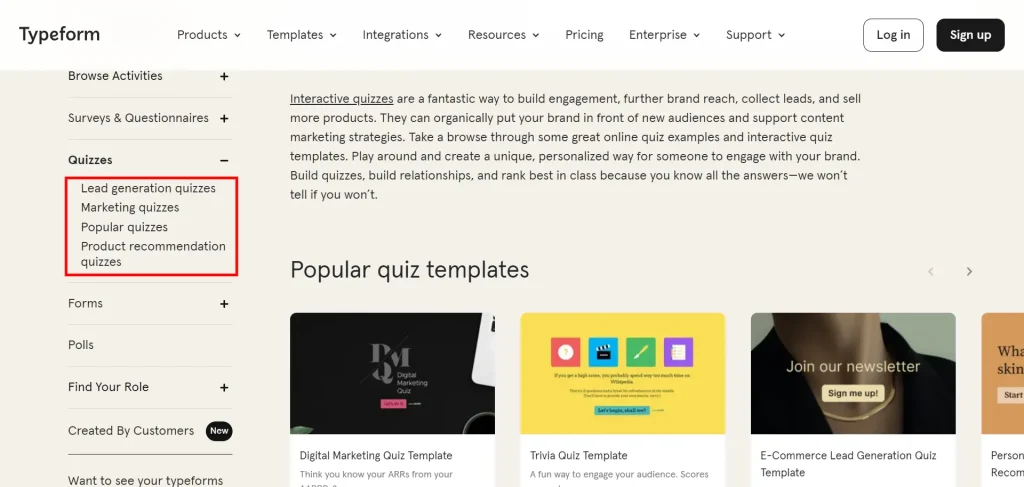 typeform quiz templates