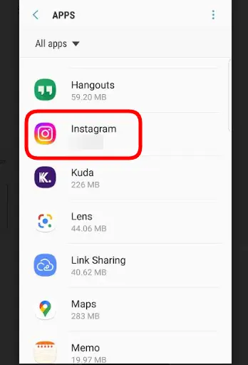 tap on "Instagram" from the list of apps
