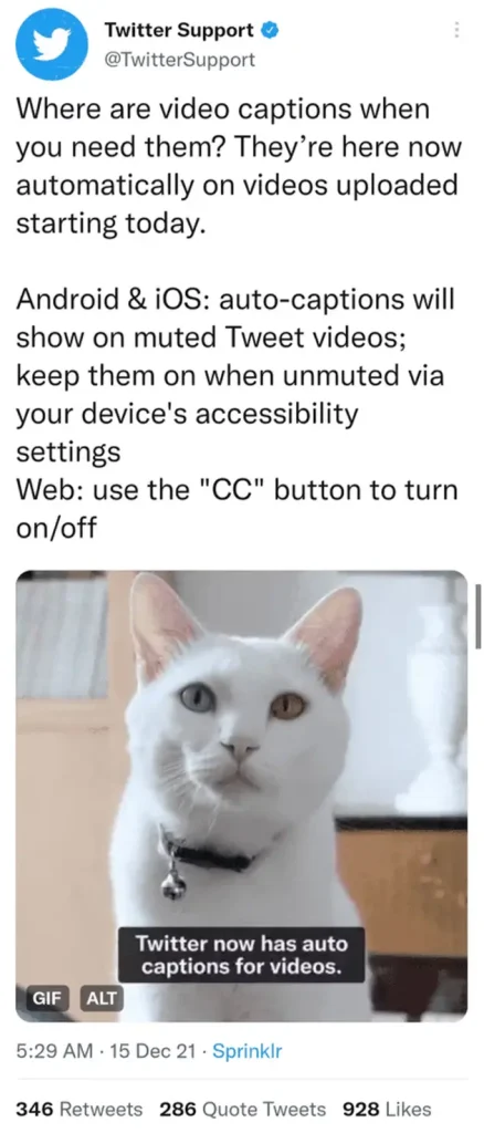 A Video on Twitter with caption. 