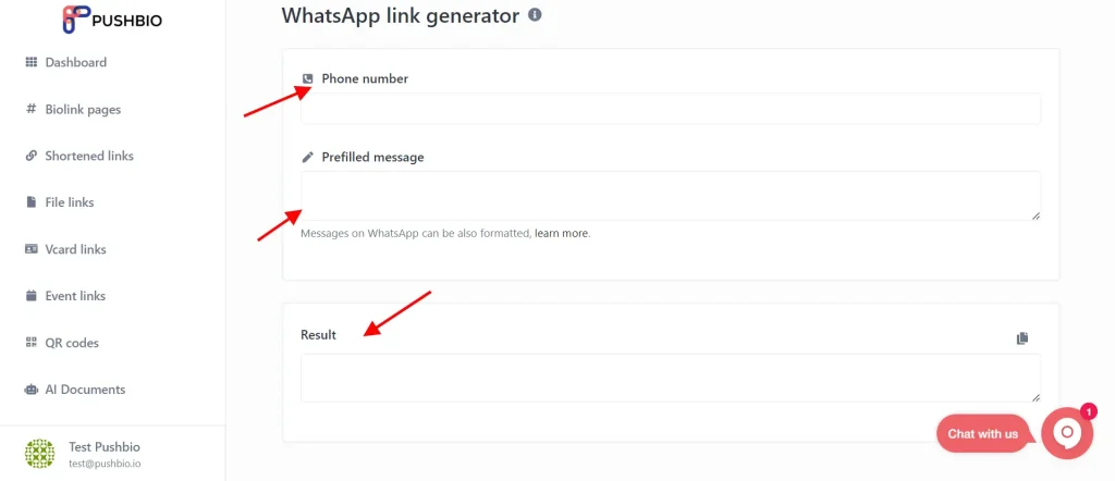 Pushbio WhatsApp link Generator tool in action