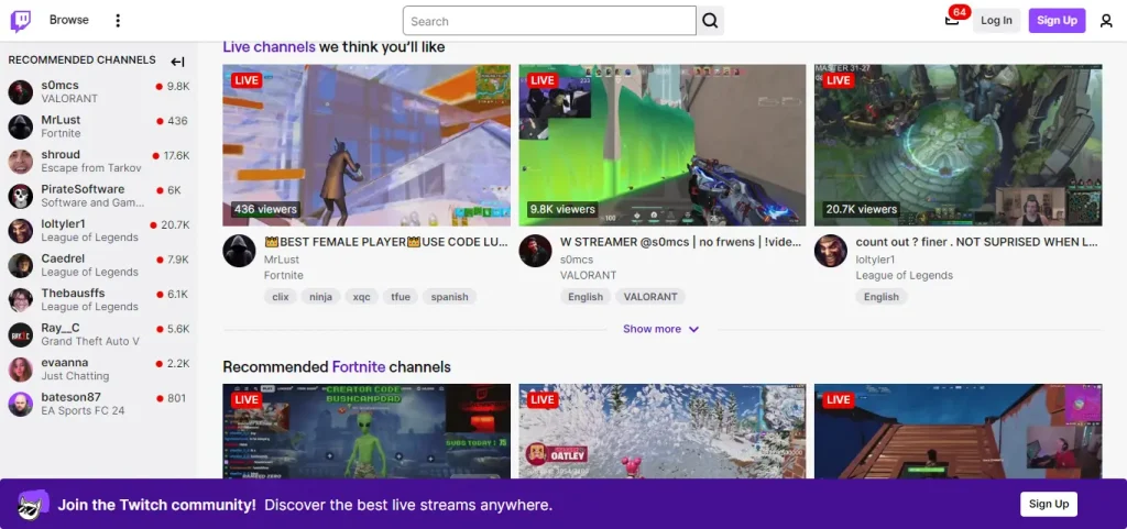 Twitch homepage