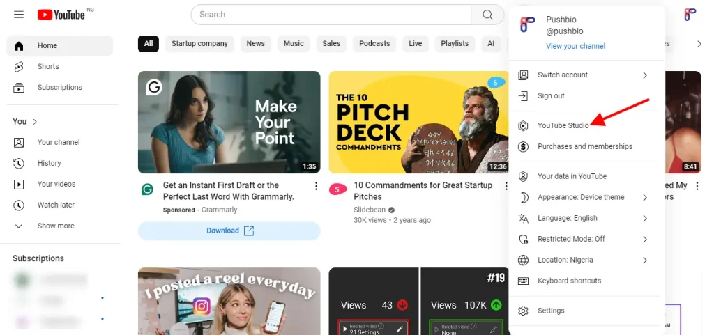 click on the YouTube Studio option