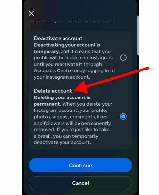 Click on "Delete account," and then click "Continue."