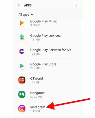 Scroll down or use the search function to find "Instagram" in the list of installed apps;