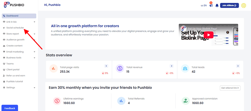 create a social media calendar with Pushbio