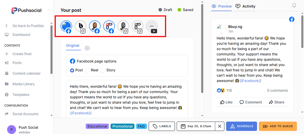 create a social media calendar with Pushbio
