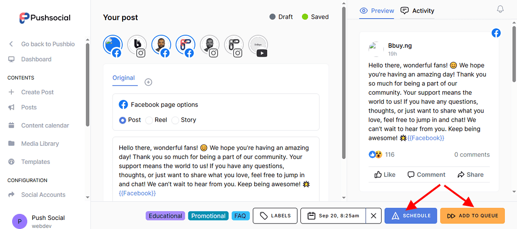 create a social media calendar with Pushbio