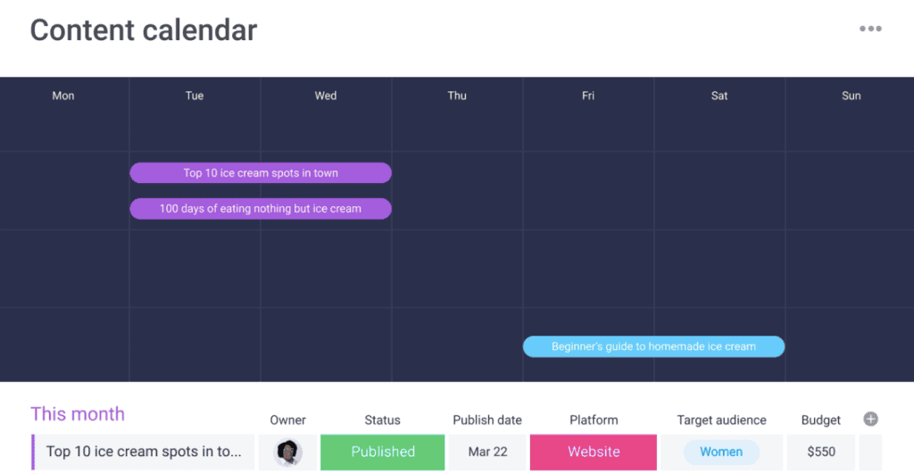 Best free content calendar examples: Monday.com