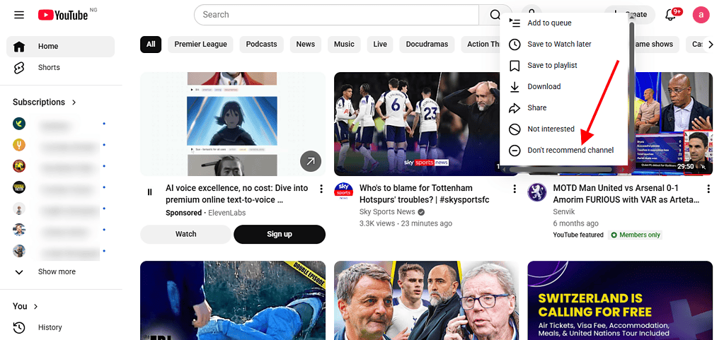 How to block a YouTube channel using "Don't Recommend Channel"